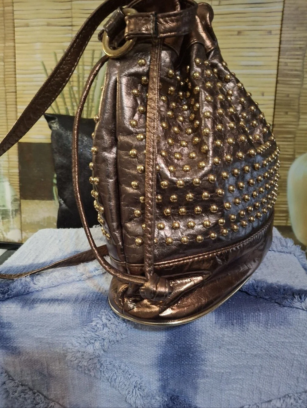 Metallic Brown Studded Drawstring Shoulder Bag